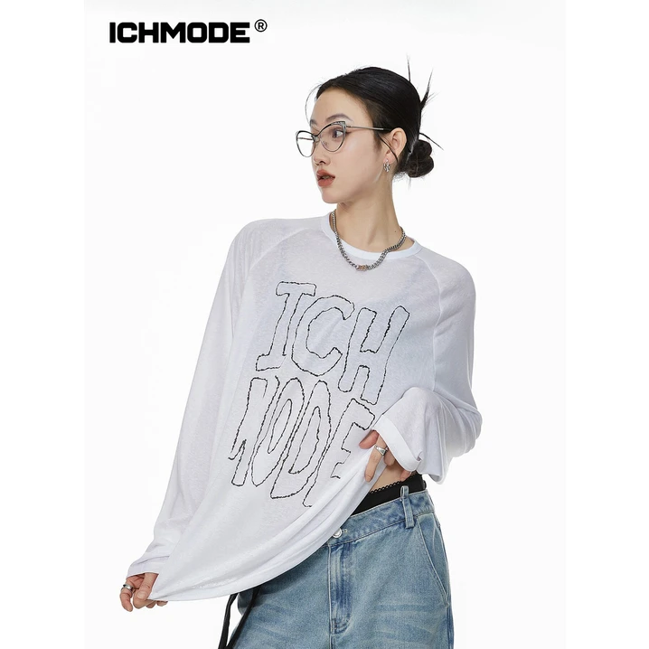 ICHMODE美式薄款物理防晒罩衫女夏季新款宽松慵懒风长袖T恤上衣