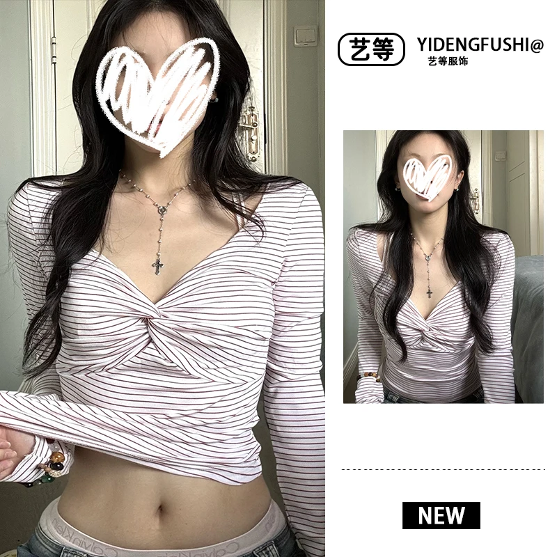 艺等韩系穿搭小众气质V领条纹扭结收腰长袖T恤修身显瘦纯欲女上衣