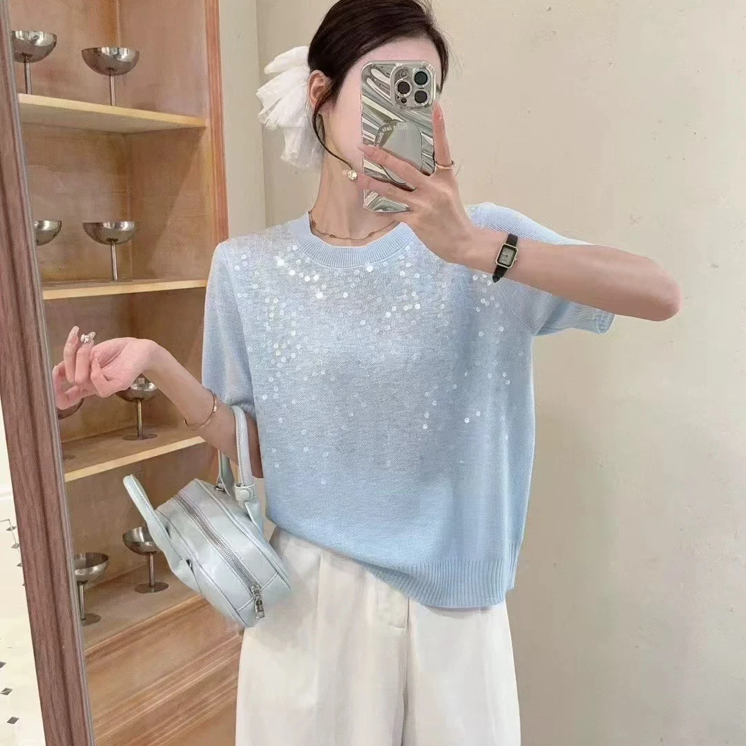 短袖夏装夏季通勤蕾丝毛白色针织衫百搭重工亮片宽松镂空女装气质