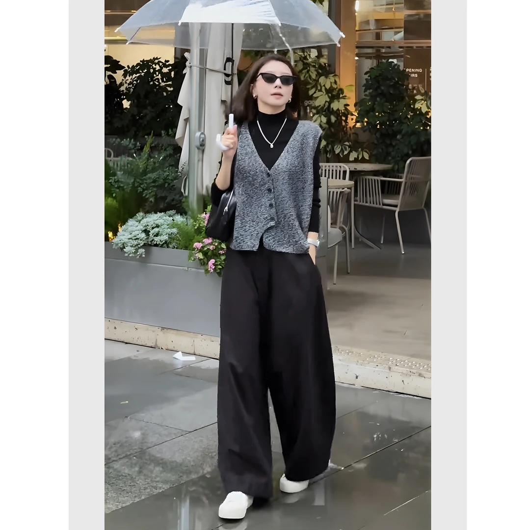 2025秋韩系一整套ootd穿搭小个子灰色针织马甲内搭叠穿三件套装女