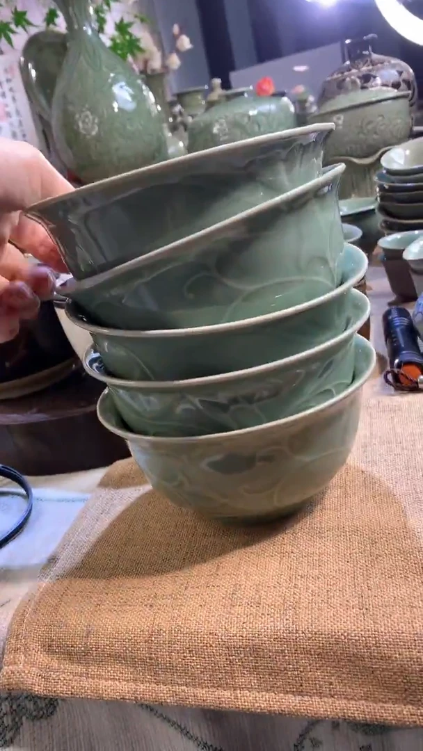 福利品耀州窑青瓷玉兰碗14.5CM四只加一只