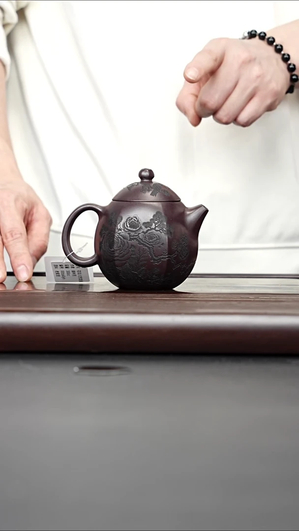茶壶紫砂宜兴紫砂 花鸟六方龙蛋 深井老紫泥 顾林芬 725