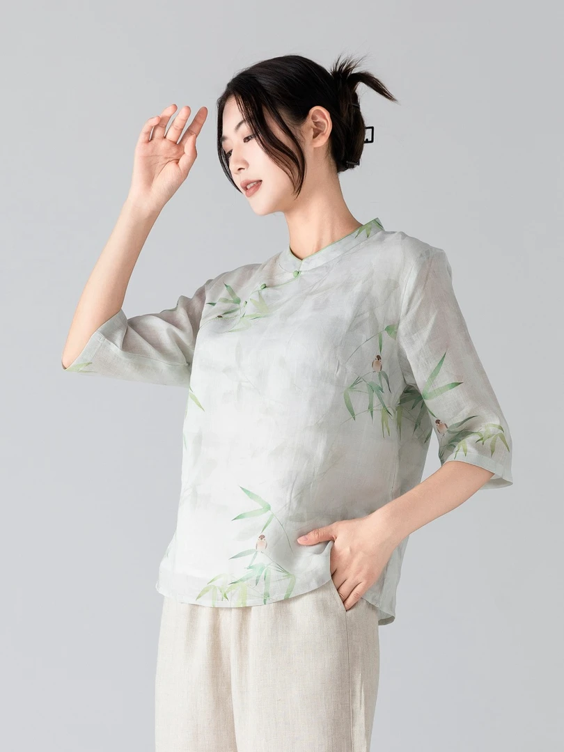 【拾光】春夏新短款苎麻印花复古文艺小上衣 百搭宽松休闲民国风