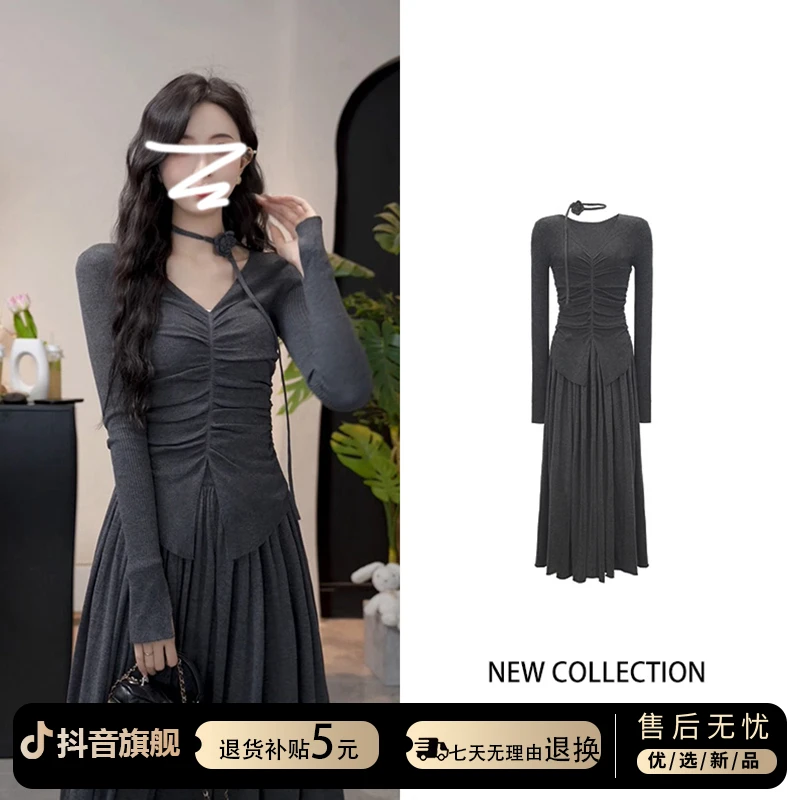 法式小香温柔风v领连衣裙子穿搭2025新款早秋高级感长裙两件套女