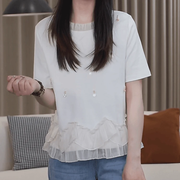 重工钉珠设计感短袖T恤女2025夏季新款洋气百搭遮肉显瘦上衣8953