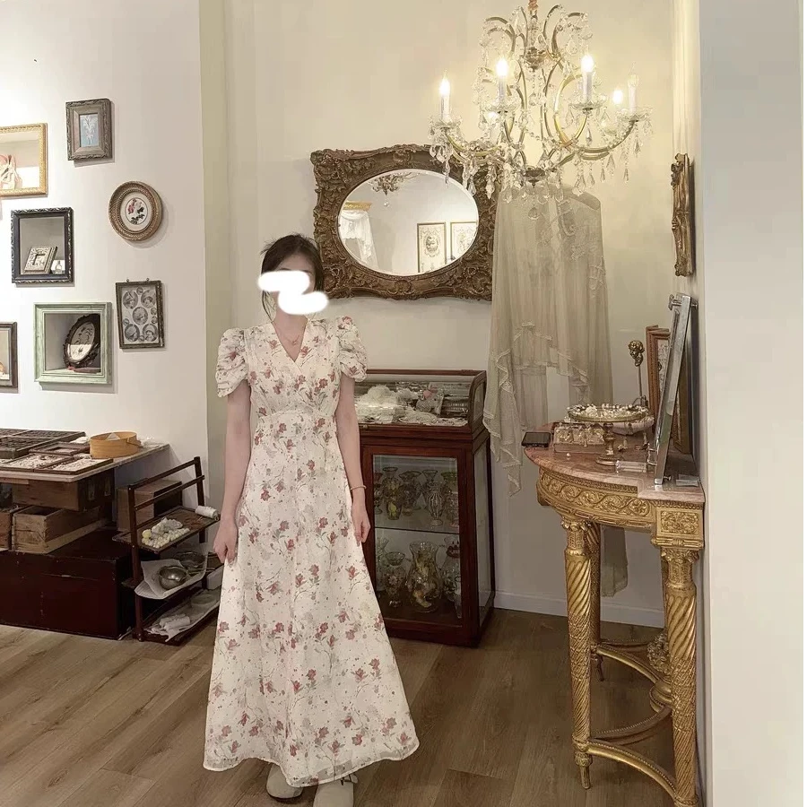 2025新款茶歇泡泡袖碎花连衣裙子夏季女装气质收腰长裙2982