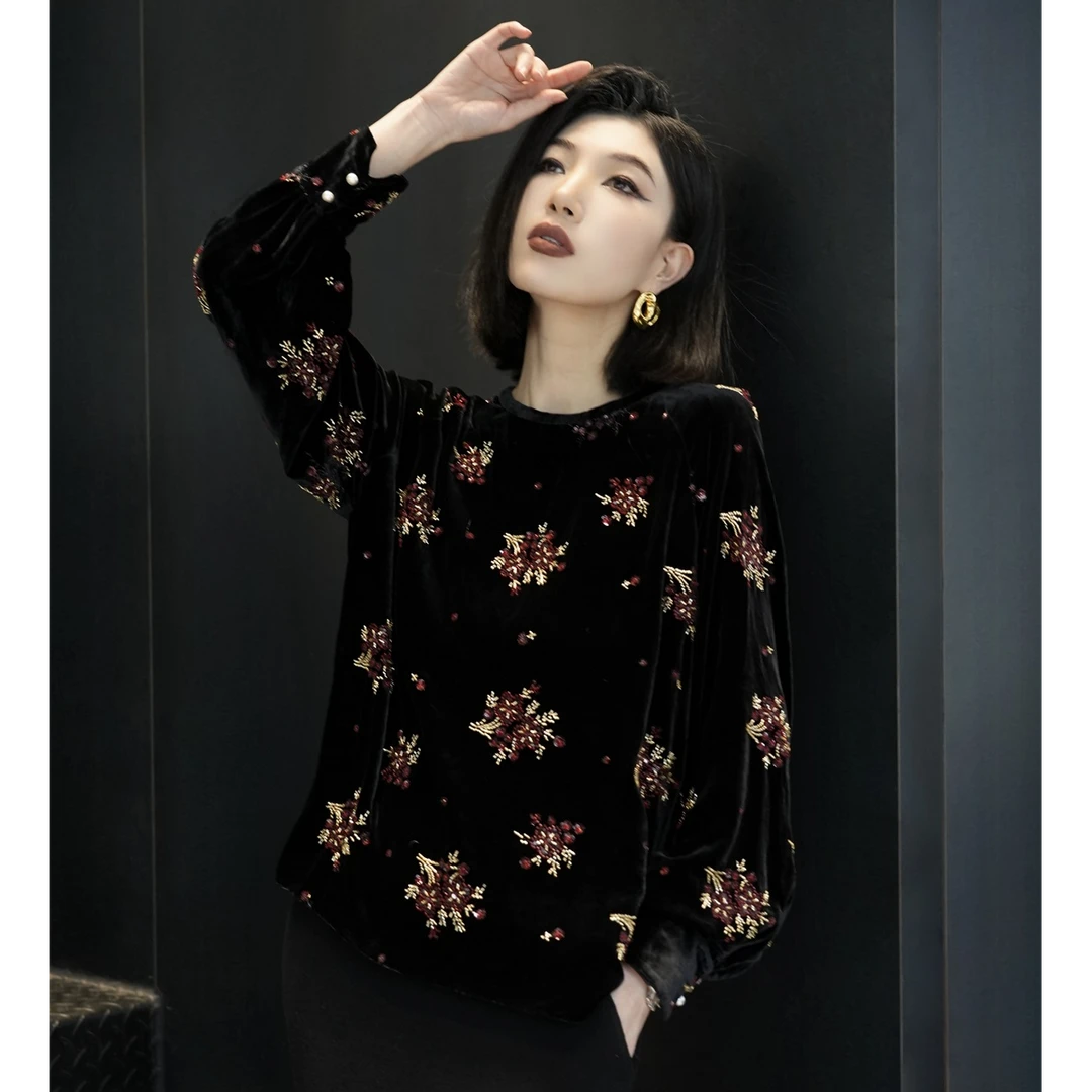 POPULARYW【咏梅】Z·R上品屋 新中式重工钉珠圆领真丝丝绒衬衫