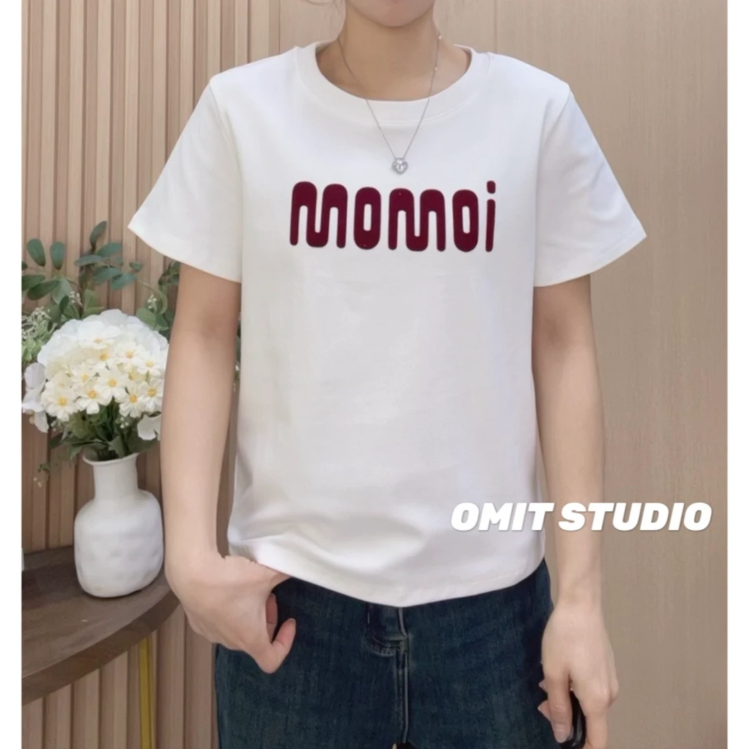 【小O T】新款春季中厚弹力正肩植绒印花修身短袖