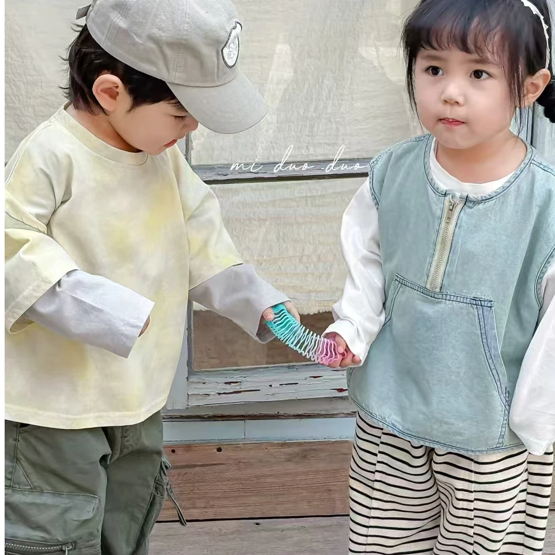 MDD 25年春季新款男女小童扎染假两件拼接长袖休闲T恤
