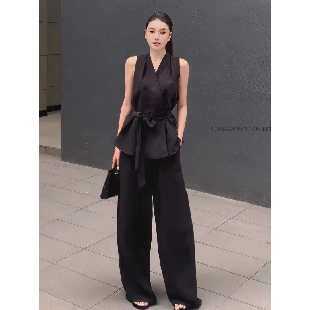 套装气质小众上衣阔腿裤子显瘦夏季收腰黑色背心法式赫本风女装