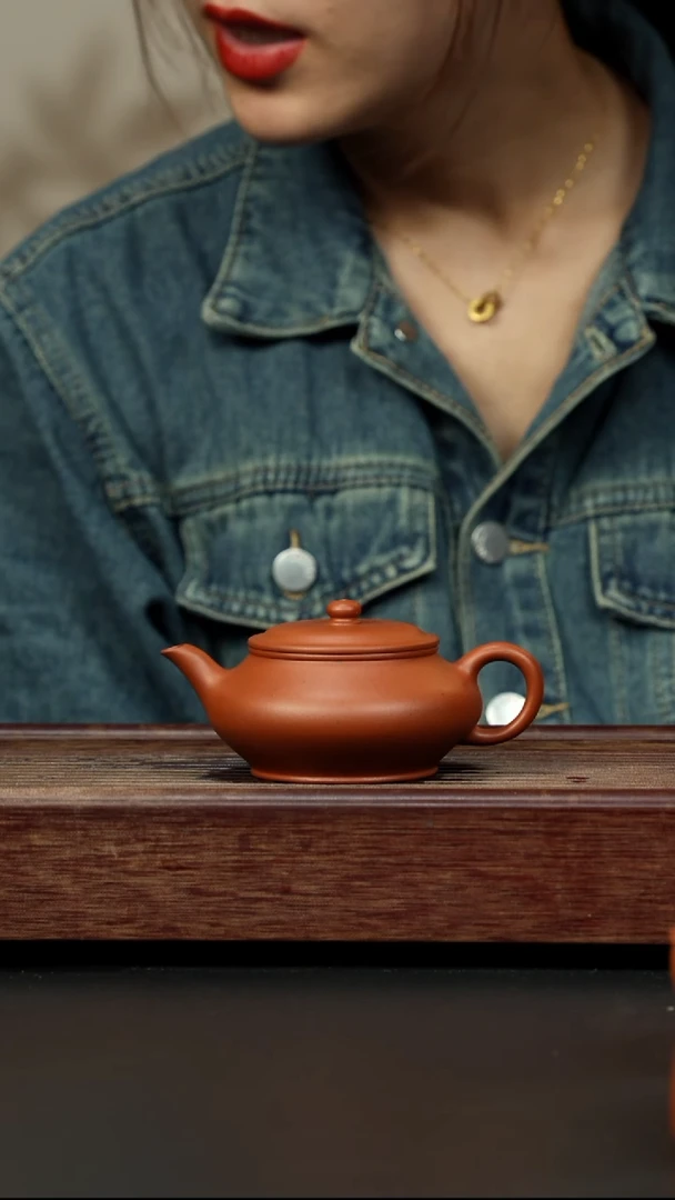 紫砂茶壶大红泥 虚扁