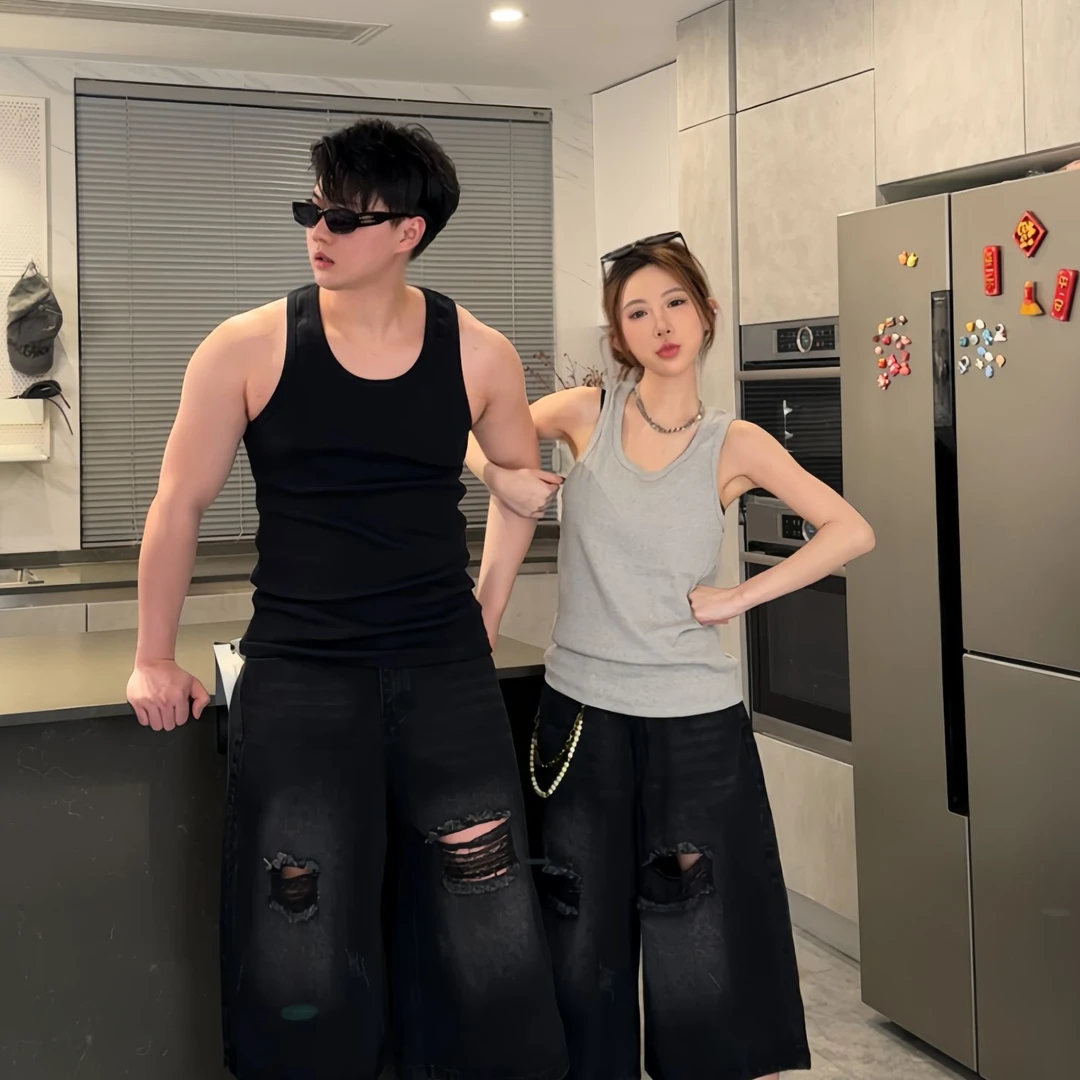 「TtAU」夏季运动重磅棉粗螺纹紧身情侣百搭背心