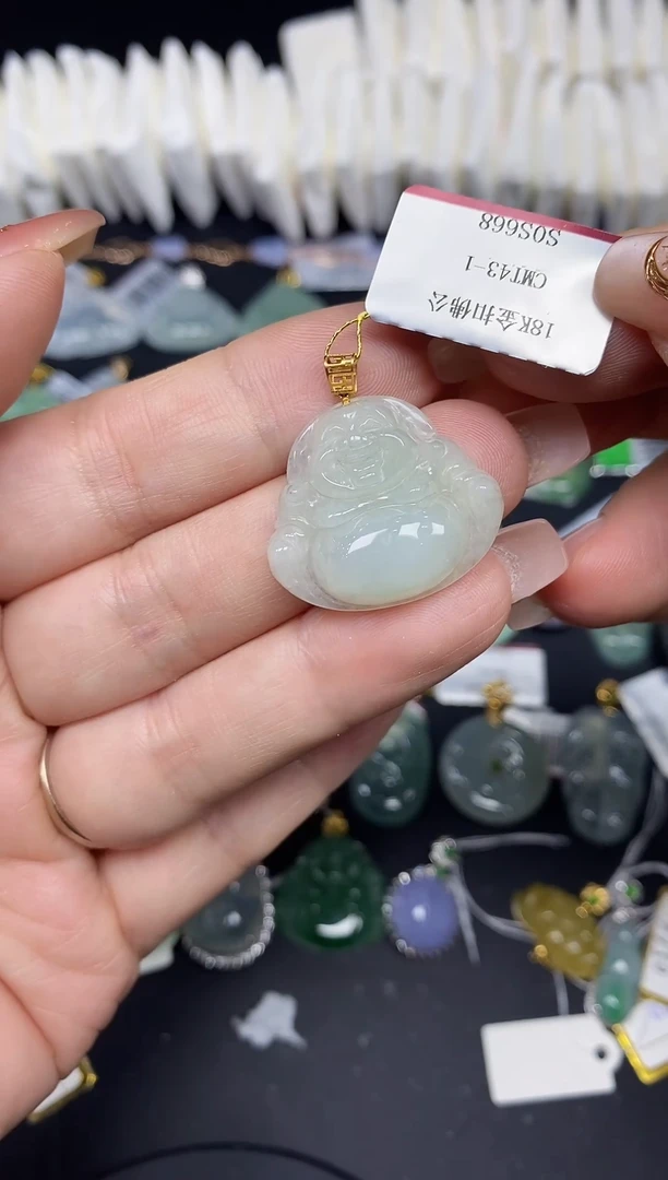 吊坠(不含链)18K金镶嵌翡翠佛公18K金扣镶嵌@@CMT43-1