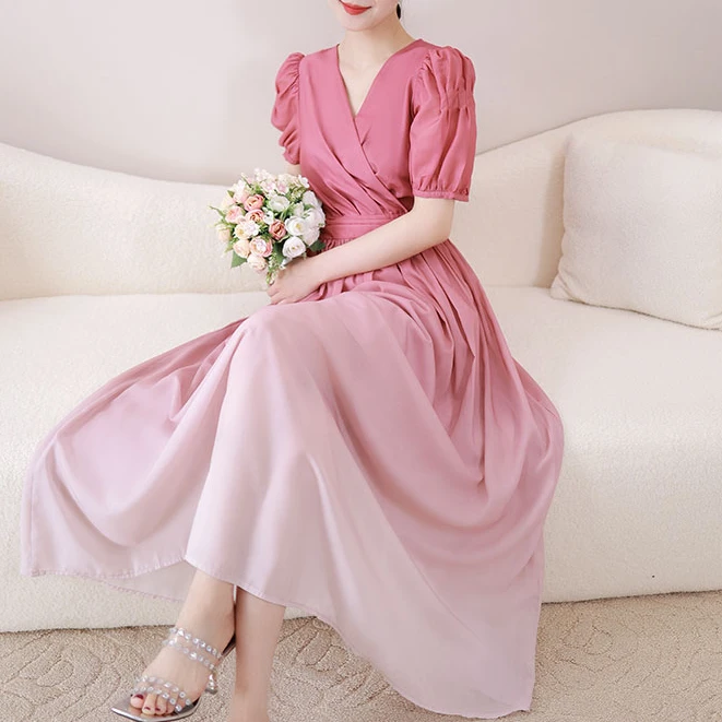 现货2025夏季新款【1362】气质法式V领收腰显瘦a字时尚修身连衣裙子