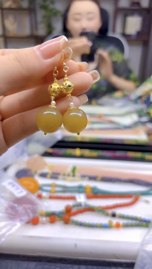 和田玉（糖玉）14K金镶嵌耳饰DIY款E247