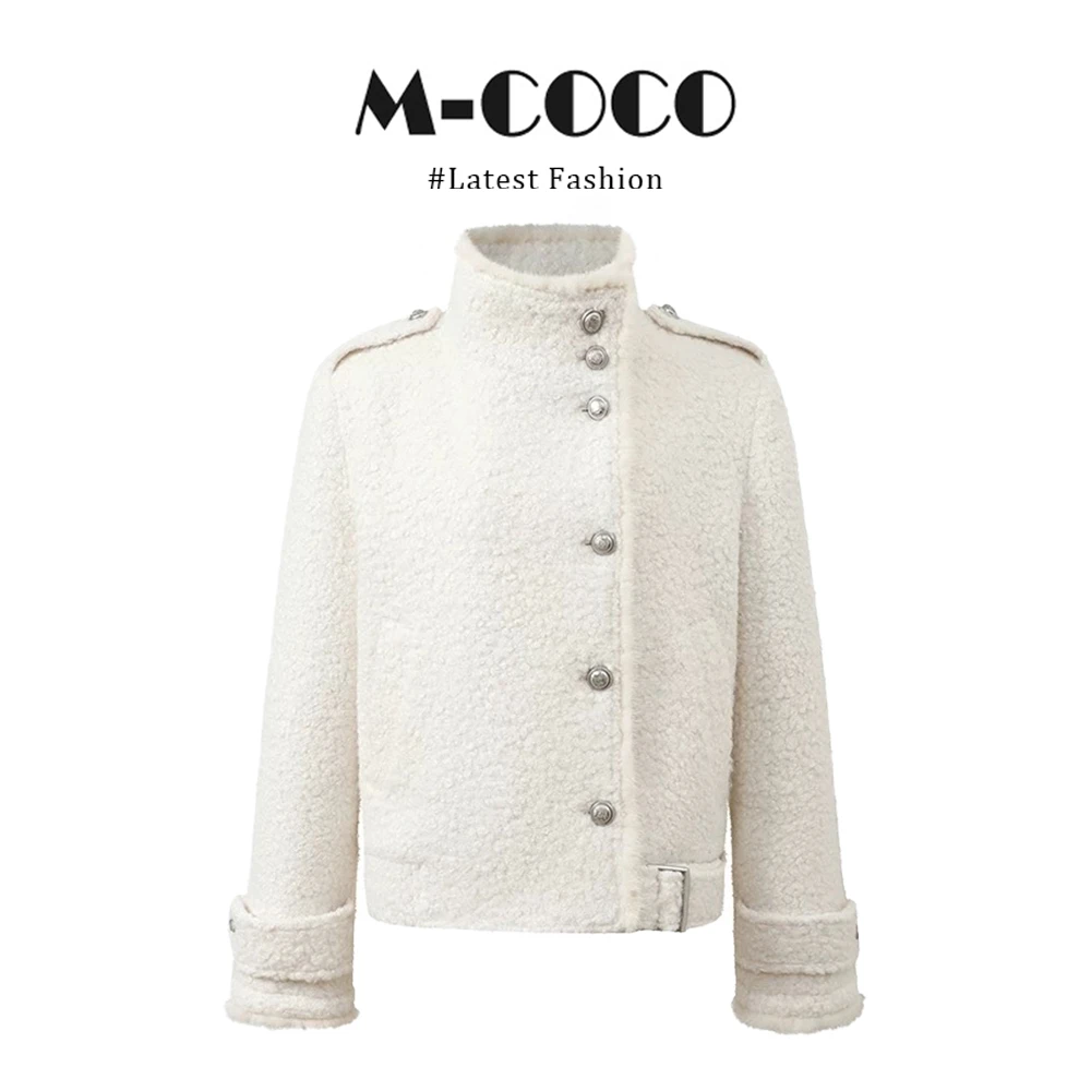 MARIE.COCO秋冬白色立领毛绒外套排扣肩章设计复古小香风短款上衣