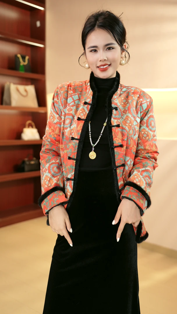 女常规款新中式中国风冬季印花中式棉衣立领短外套