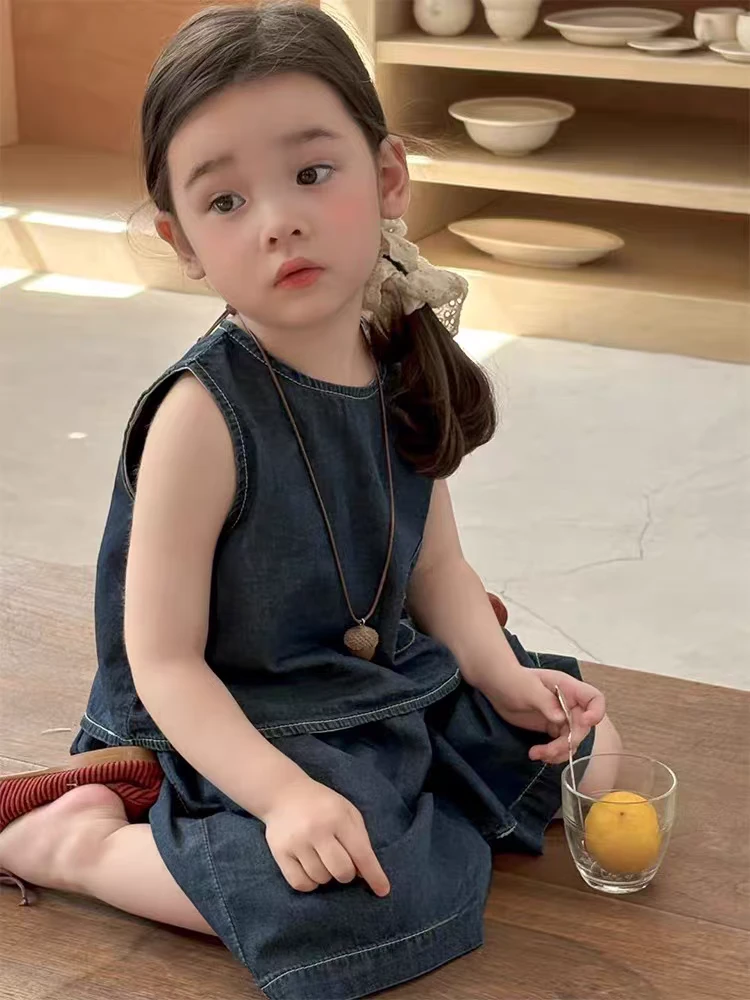 常规森系套头纯色休闲春秋女套装无袖洋气夏季小童百搭