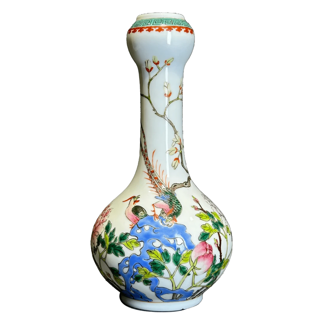 25200552x粉彩锦鸡牡丹纹蒜头瓶