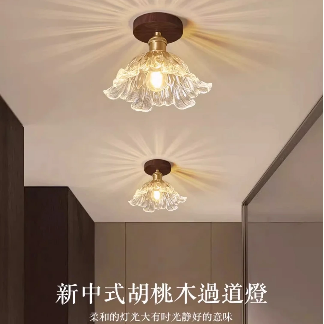 新中式过道灯吸顶灯现代简约胡桃木玻璃玄关阳台走廊厨卫实木灯具