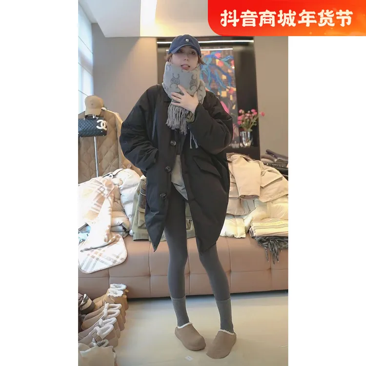 韩系慵懒风黑色翻领棉服外套女冬季新款超好看保暖加厚中长款棉衣