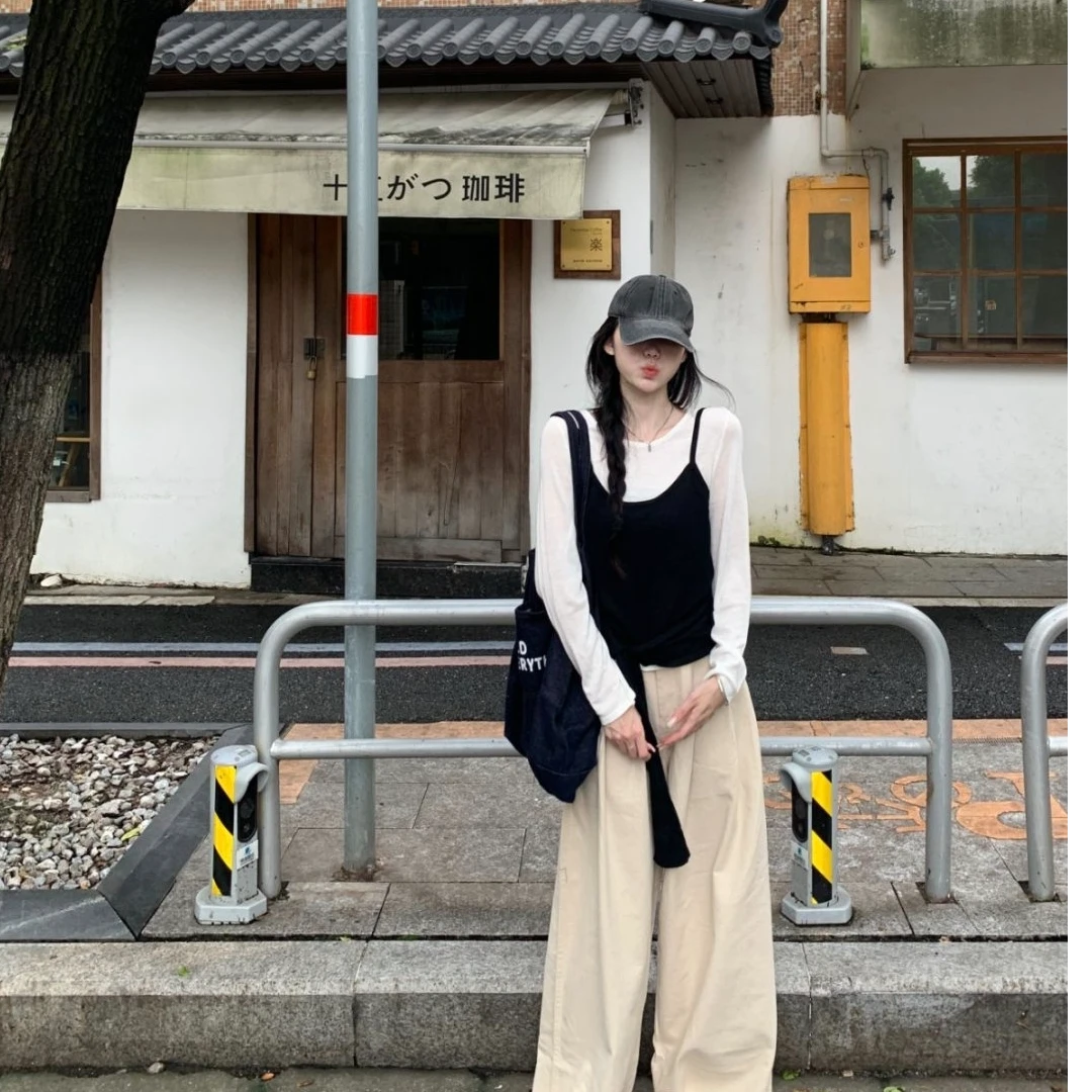 慵懒氛围感吊带长袖T恤两件套女叠穿秋季百搭洋气时髦收腰上衣