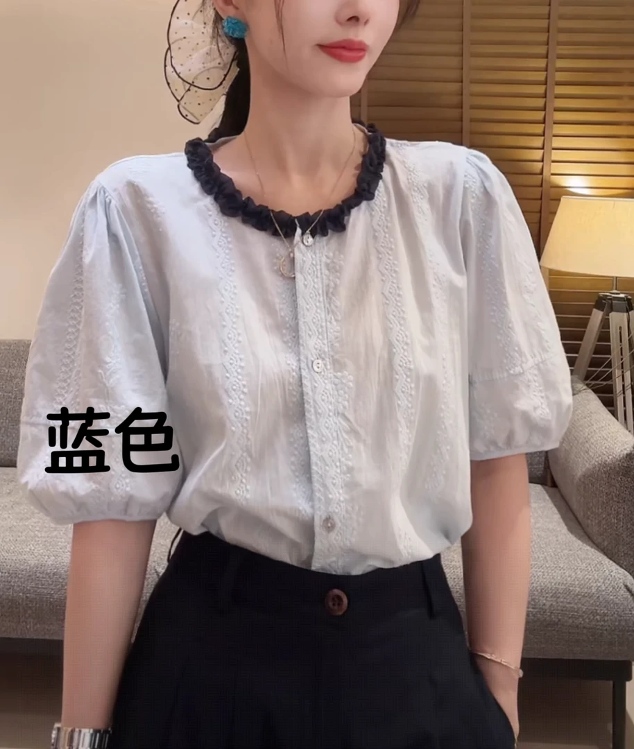 老赵服饰 韩系木耳边拼色重工钩花衬衫上衣21AU3689