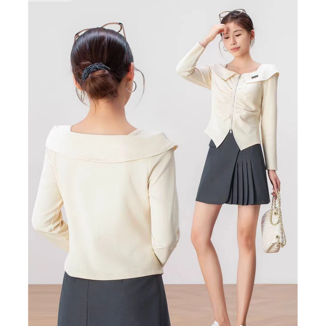 时尚洋气韩版双拉链设计翻领长袖T恤修身显瘦上衣9010(A5-3)