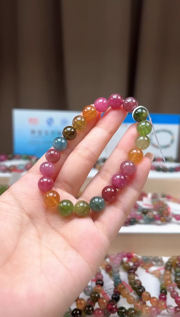 未镶嵌手串碧玺9.2mm艳丽彩虹色荧光体碧玺单圈手串
