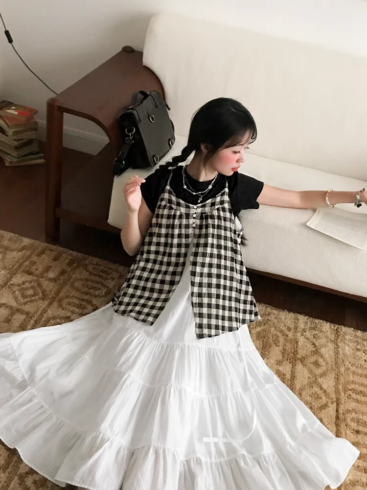 大码胖妹妹森系吊带裙女假两件格子褶皱连衣裙叠穿裙子夏9238