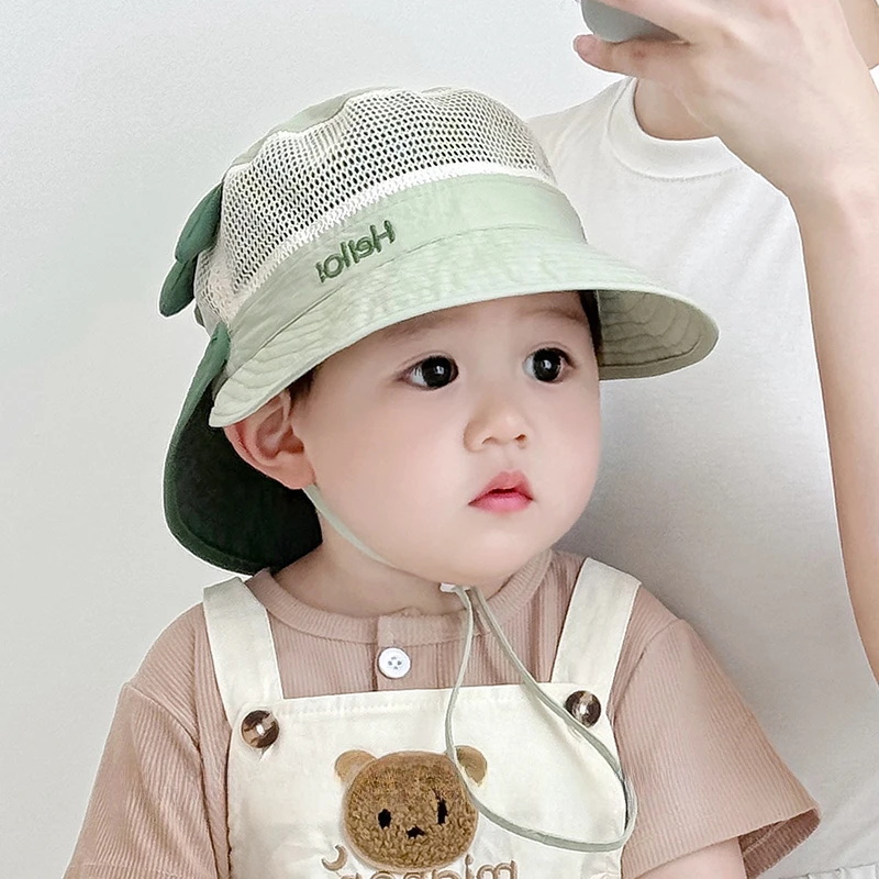 宝宝渔夫帽夏季男女童披肩遮阳帽儿童速干网眼婴儿防晒太阳帽大檐