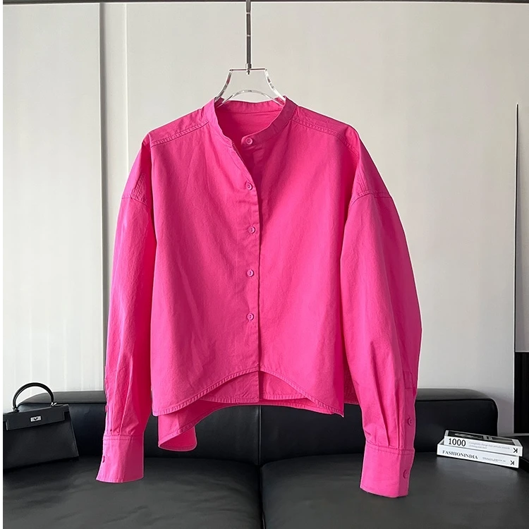 2025秋季新款通勤文艺衬衣宽松显瘦大码女纯色上衣POLO领衬衫潮