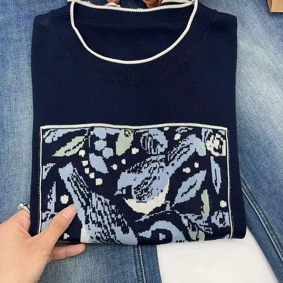 夏季新款国风喜鹊提花工艺针织宽松百搭短袖上衣女1160-1