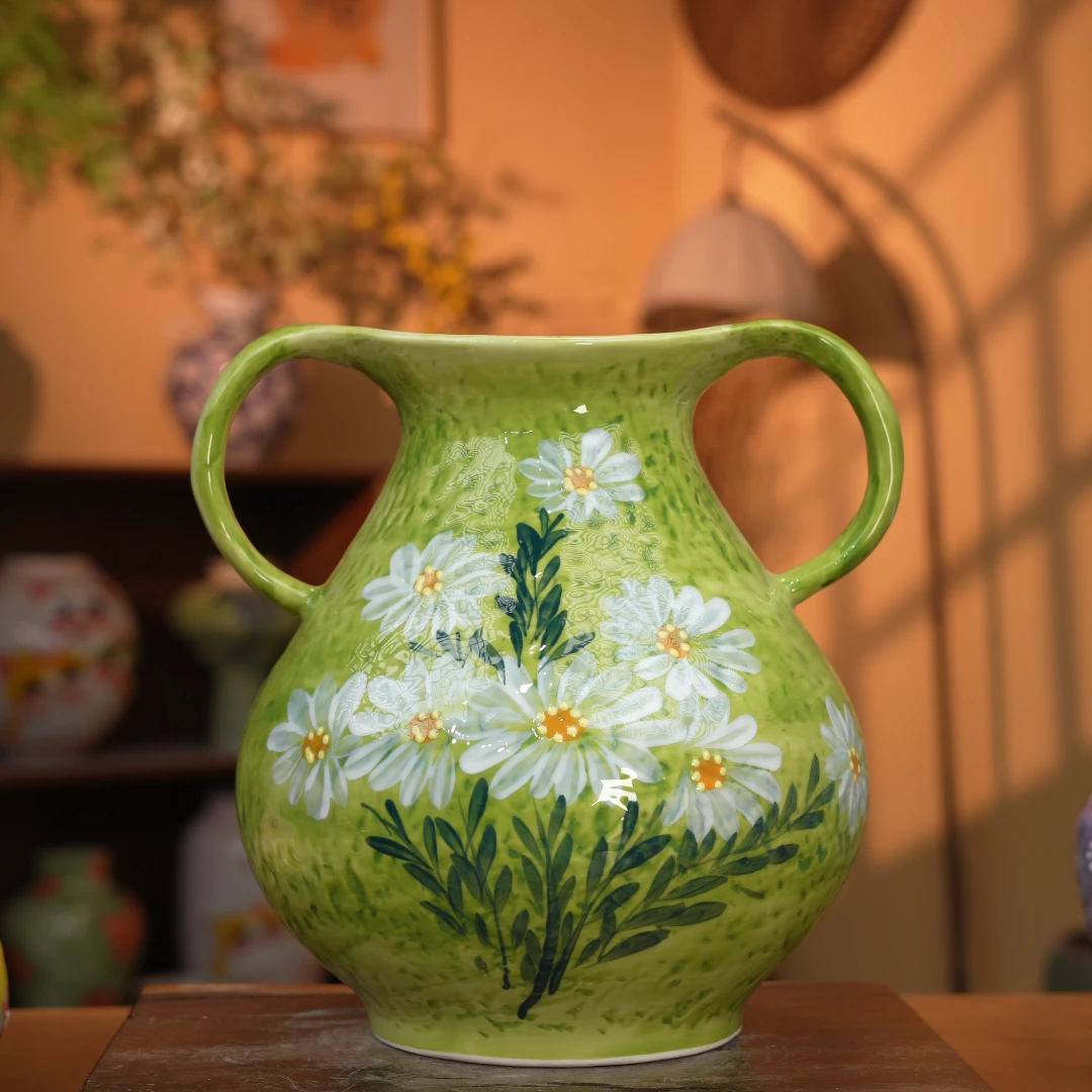 景德镇青绿艺术感插花装饰陶瓷立体设计师款青山戴双耳大号手工