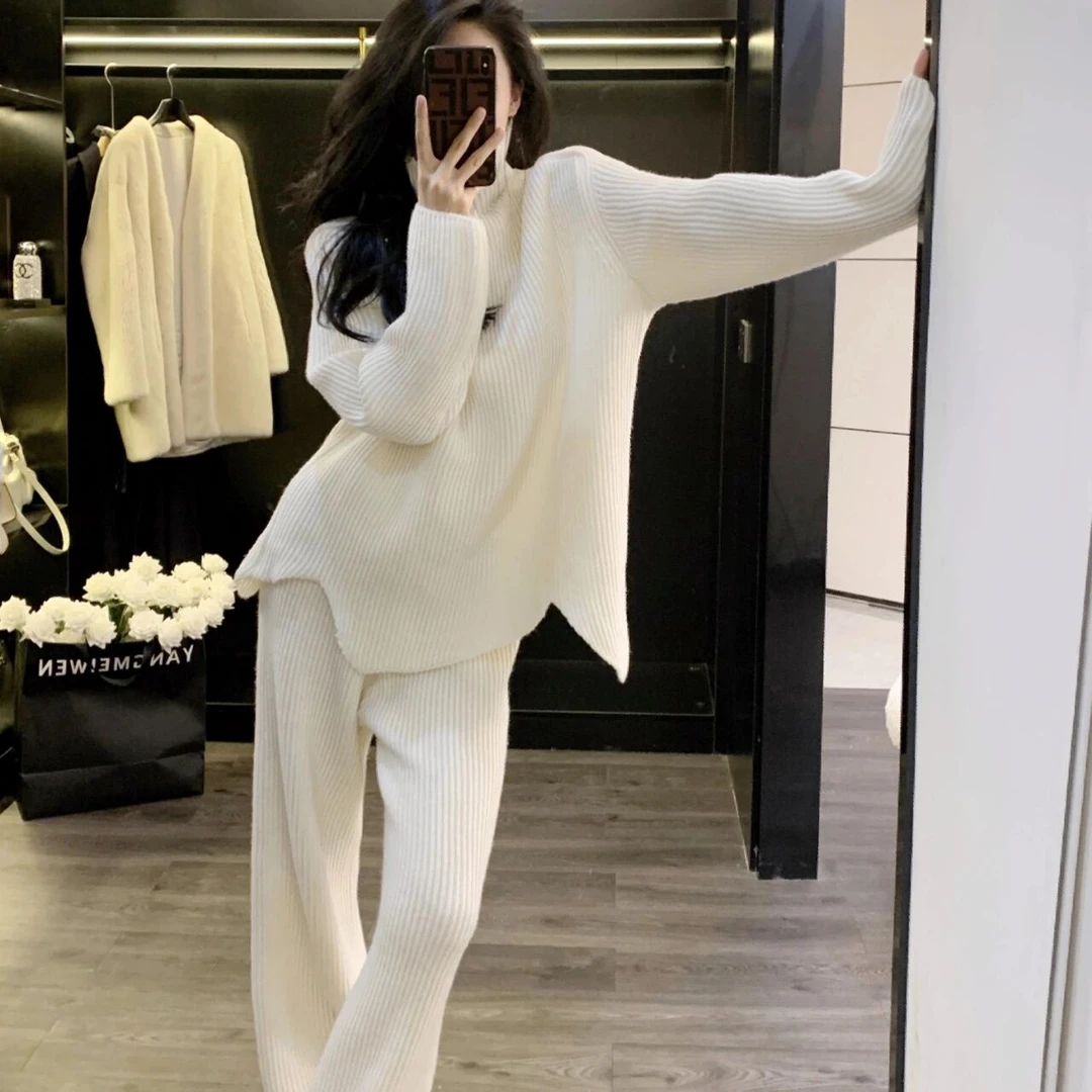 针织衫上衣女秋季气质小个子松弛感休闲宽松慵懒风阔腿裤两件套装