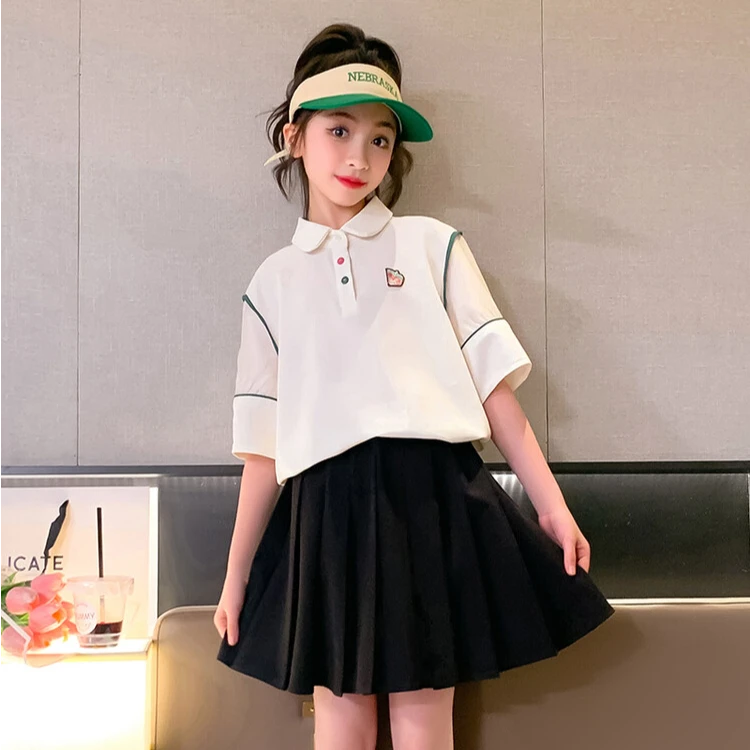 新夏季百搭学生装POLO衫体血衫女孩女宝百褶裙立领纽扣上衣套装白