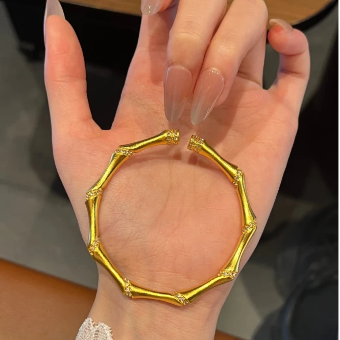 足银手镯 【节节高竹节手镯】开口手镯镶钻点钻古法工艺实心618爆款