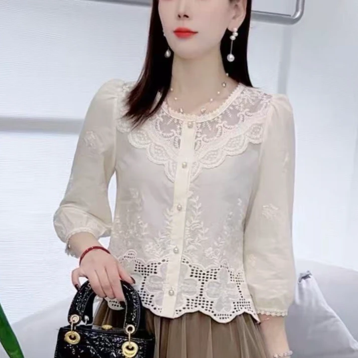 100%纯棉时尚衬衫早秋新款显瘦设计感小众七分袖上衣百搭衬衣女