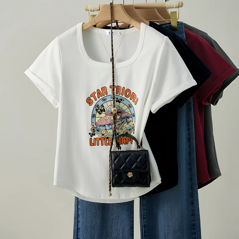 大码印花圆领正肩短袖T恤女夏季新款遮肉显瘦百搭上衣女装