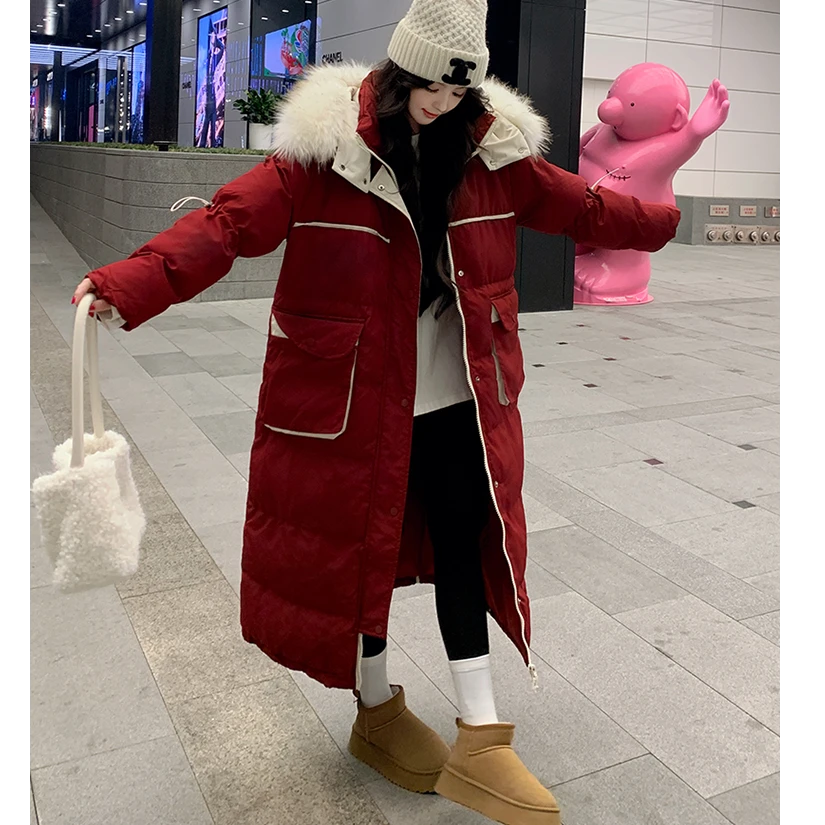 特大码女装韩版撞色大毛领连帽棉服女胖mm冬季保暖加厚中长款外套