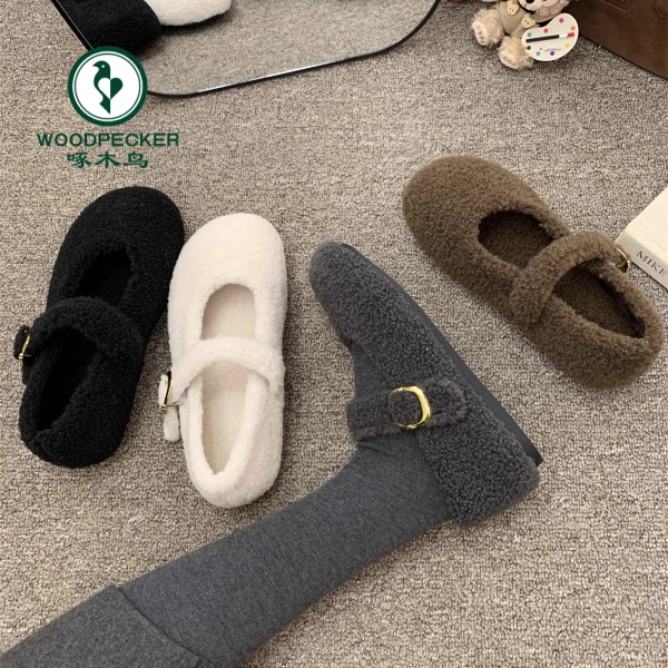 啄木鸟灰色玛丽珍毛毛鞋女冬外穿韩版呢子单鞋女平底加绒保暖棉鞋