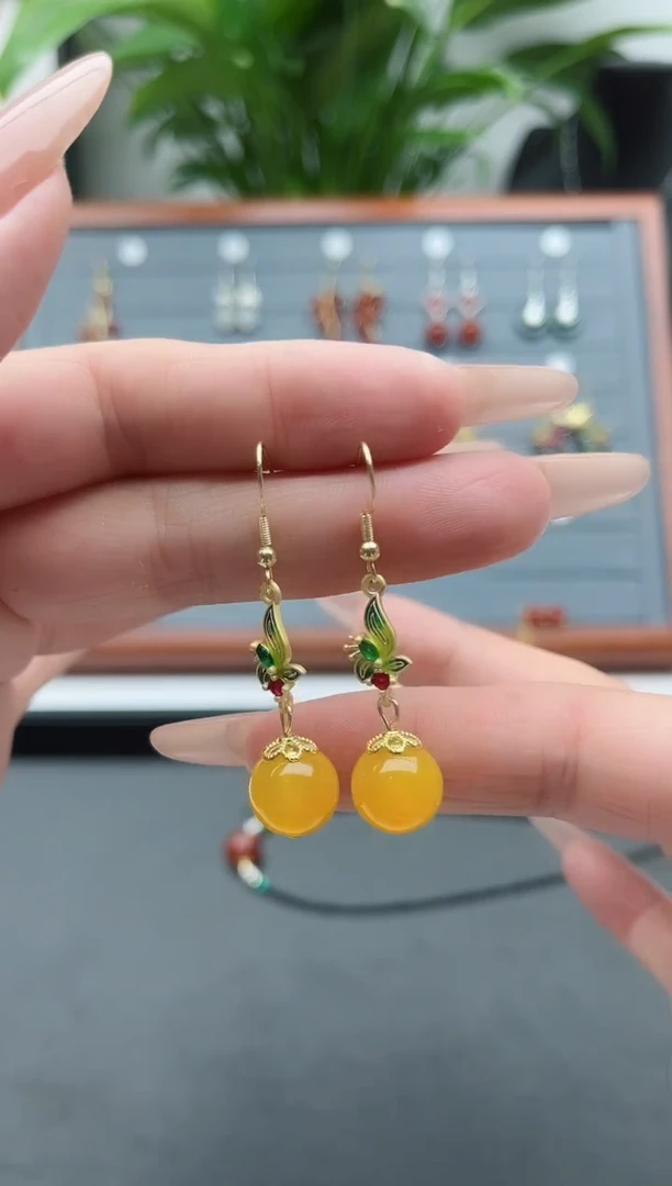 【闪购商品】玛瑙/玉髓耳饰银S925镀金镶嵌9