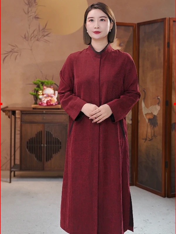 田新家100桑蚕丝新款双面穿龟裂纹香云纱风衣连衣裙(红颜WF2458)