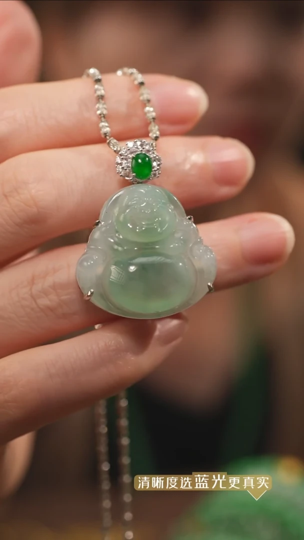 翡翠18K金镶嵌吊坠(不含链)晴底绿翡翠佛公吊坠