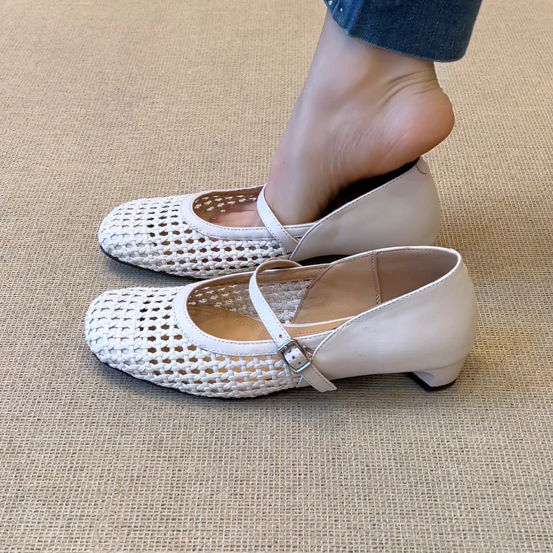 RubyL/2.5cm2025年夏季休闲通勤风编织透气舒适纯色粗跟包头凉鞋