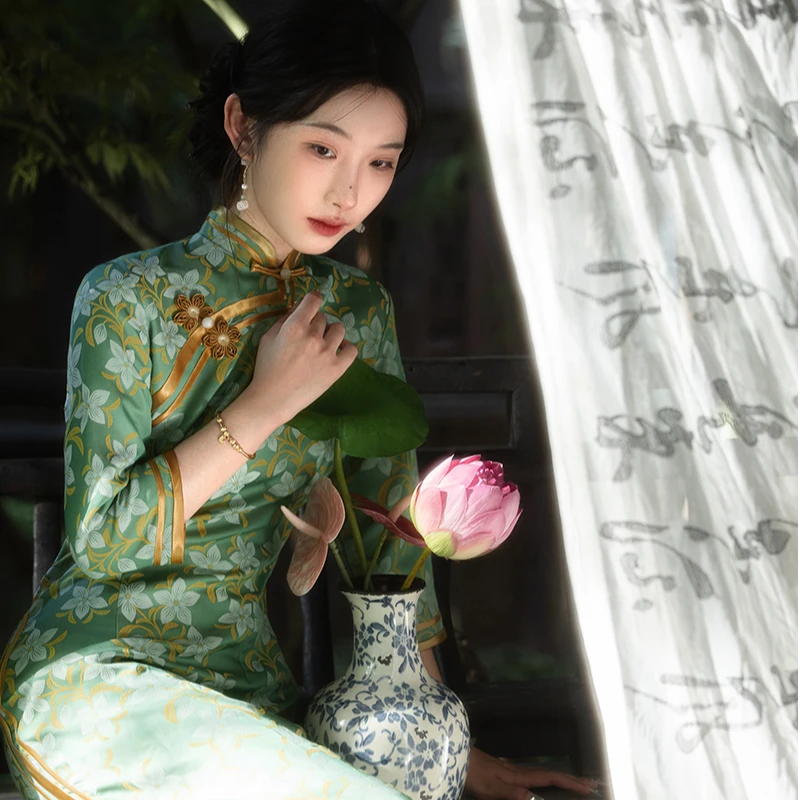 七分袖中式中国风提花低开衩旗袍优雅绿色日常高档气质少女连衣裙