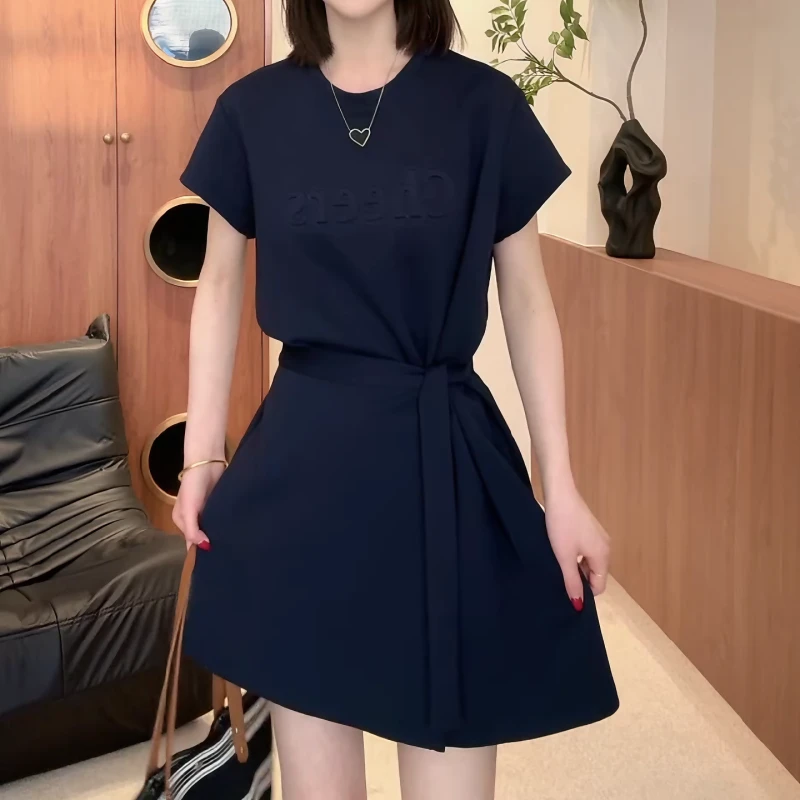 设计感立体字母圆领连衣裙女绑带宽松显瘦 a 字短裙春季LK2502896