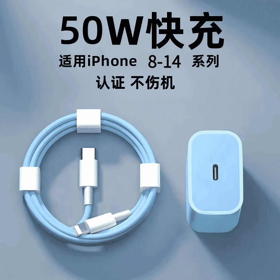 适用苹果PD闪充快充数据线14/13/12/11/X/8蓝色手机充电器充电线