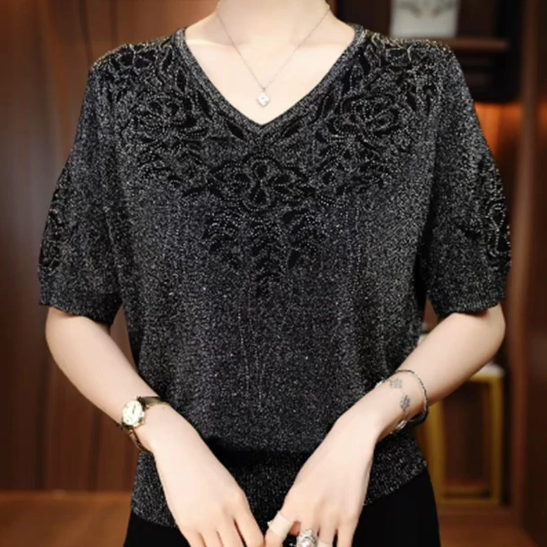 洋气时尚百搭v领短袖毛衣针织衫2025夏季新款洋气减龄烫钻打底衫