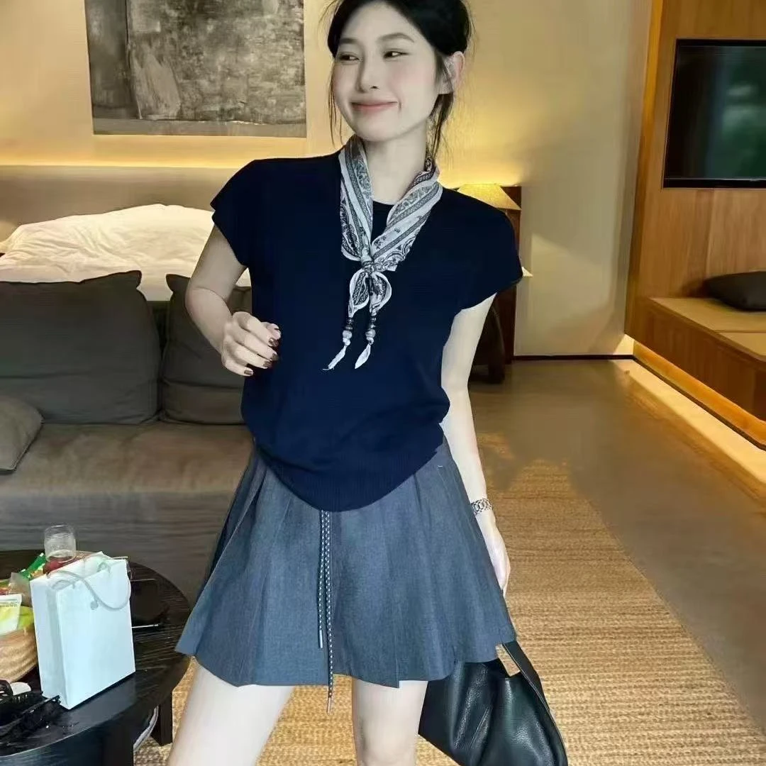 【摩姐姐欧韩】30995早秋新款时尚圆领配丝巾纯色针织衫短袖上衣